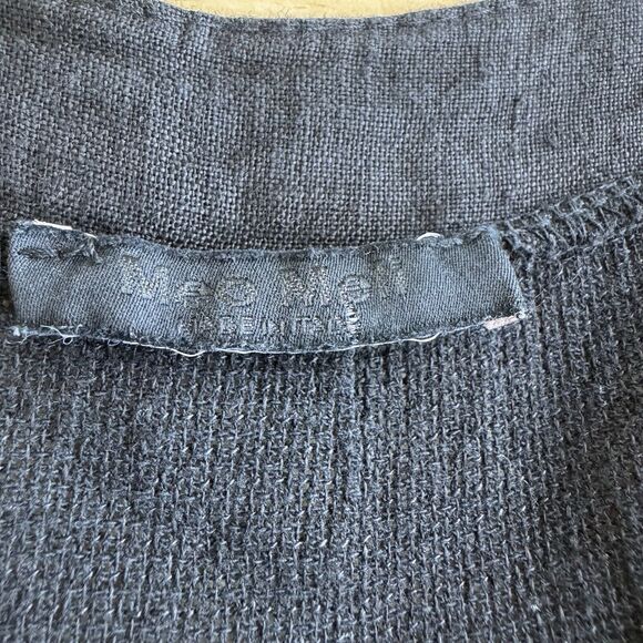 Meo Meli Black Linen Gauze Top Roll Tab Sleeve Abalone Shell Button Up L-XL - Picture 7 of 11